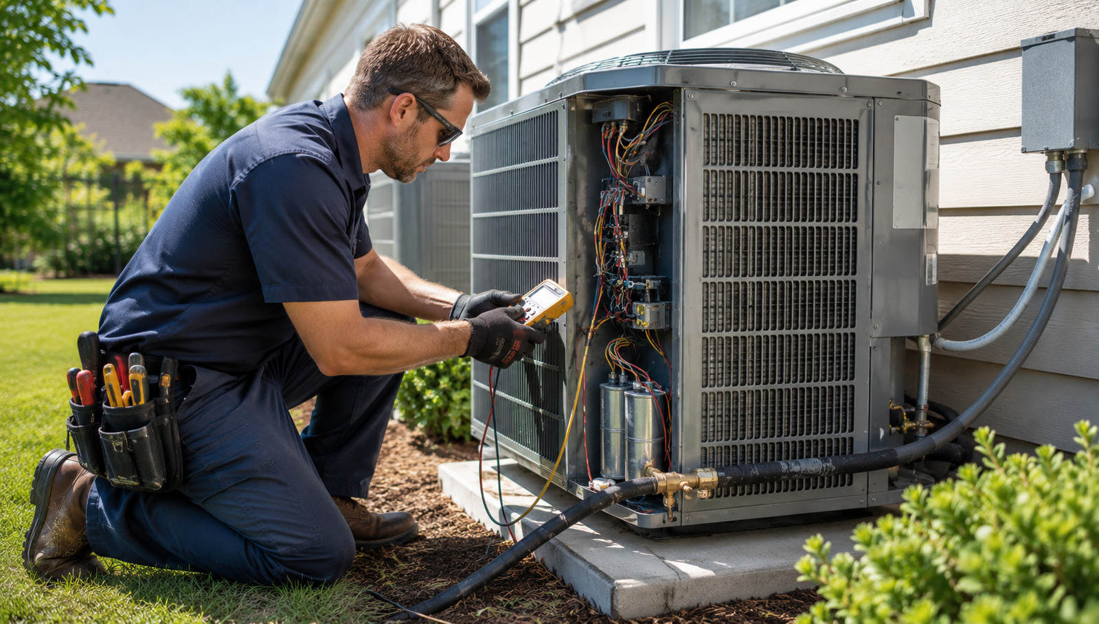 HVAC technician inspecting an outdoor air conditioning unit