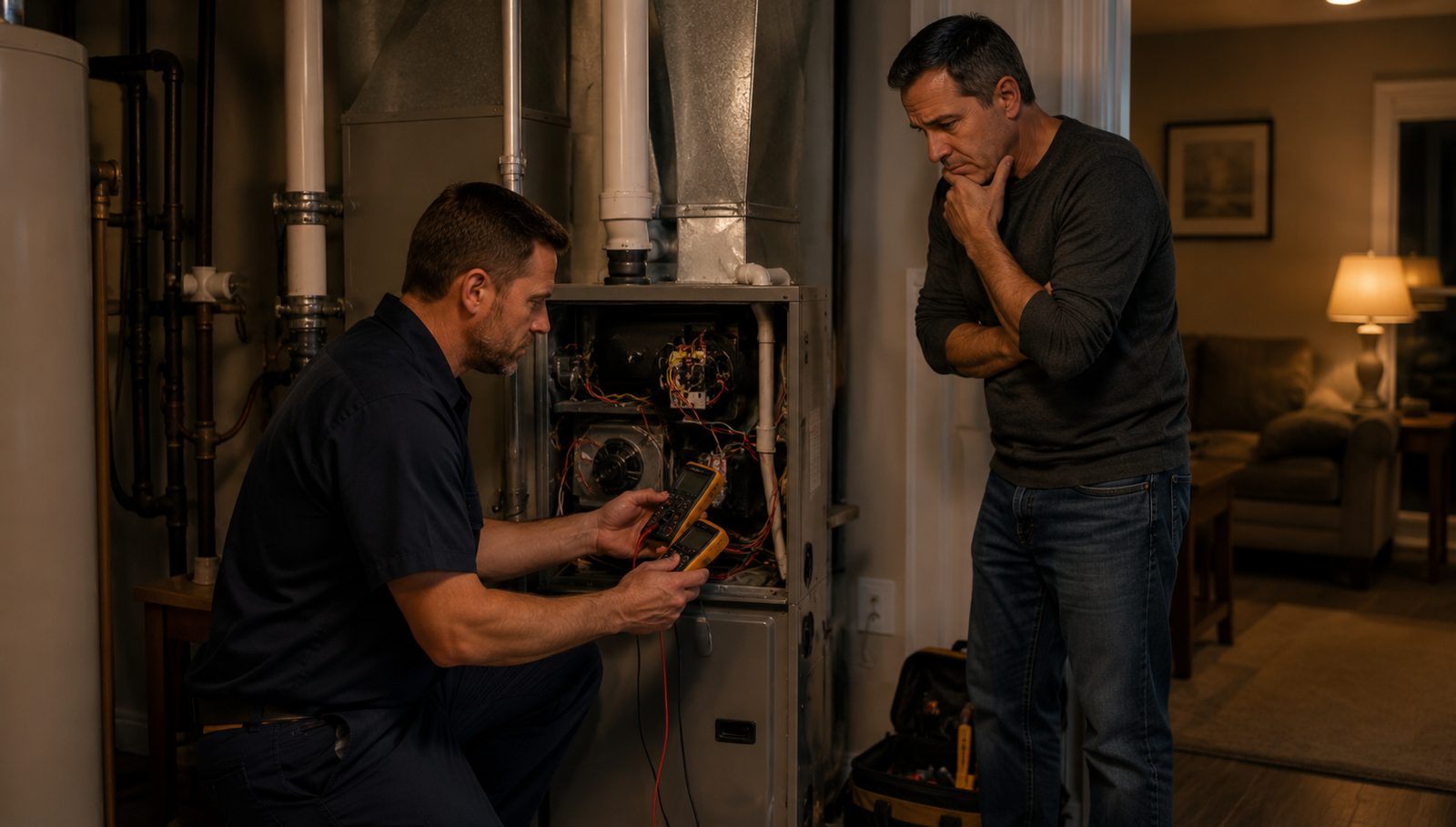 Technician checking a home heating system while homeowner looks on